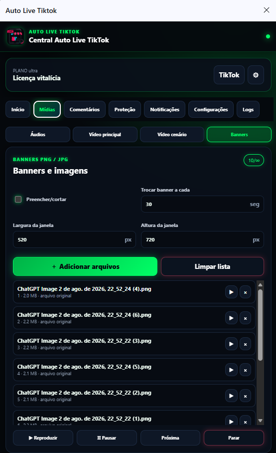 Preview do painel da extensão Auto Live TikTok