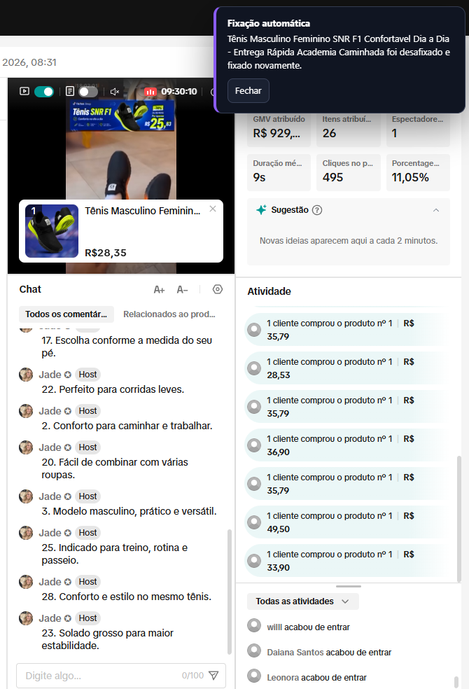 Print de resultados de vendas em live pré-gravada