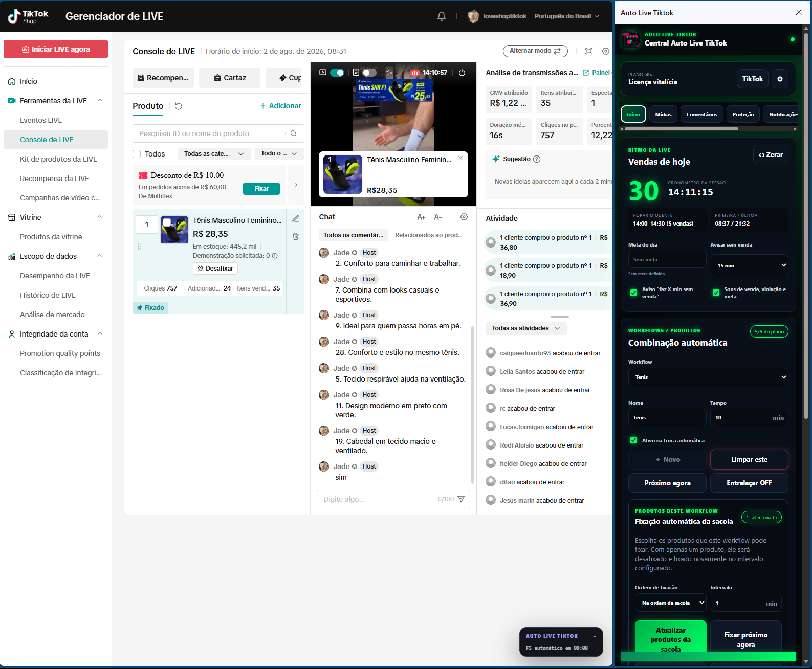 Print de resultados de vendas em live pré-gravada
